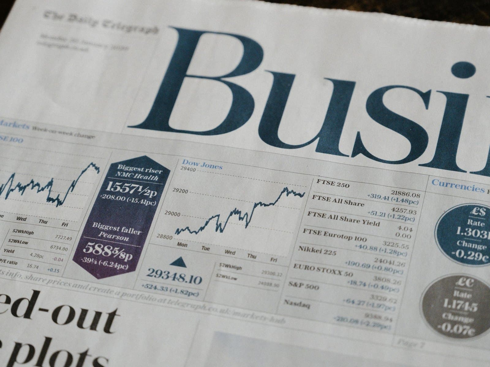 A newspaper business page, market tables and prose set side by side